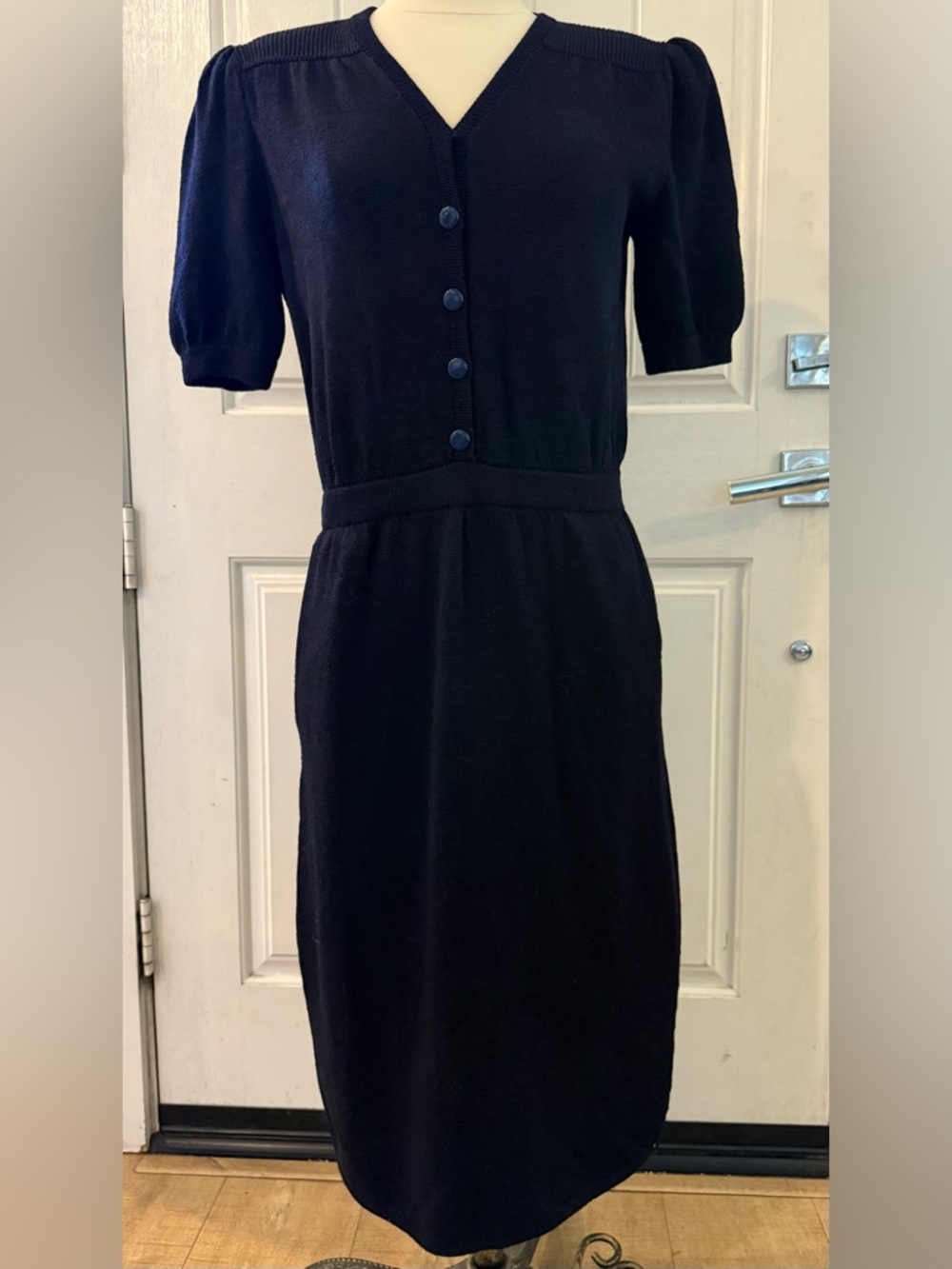 Vintage St John Knit navy Blue Midi Dress size 8 80s navy Buttons Fitted Waist